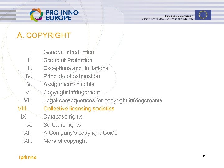 A. COPYRIGHT I. III. IV. V. VIII. IX. X. XII. ip 4 inno General
