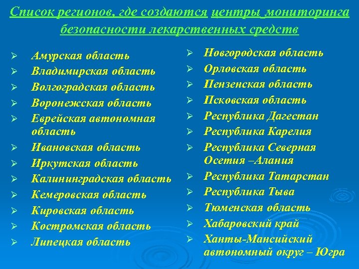 Список регионов, где создаются центры мониторинга безопасности лекарственных средств Ø Ø Ø Амурская область