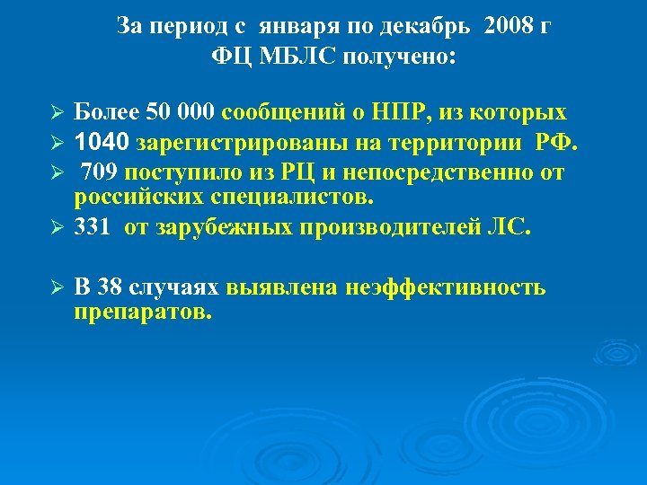 За период с января по декабрь 2008 г ФЦ МБЛС получено: Более 50 000