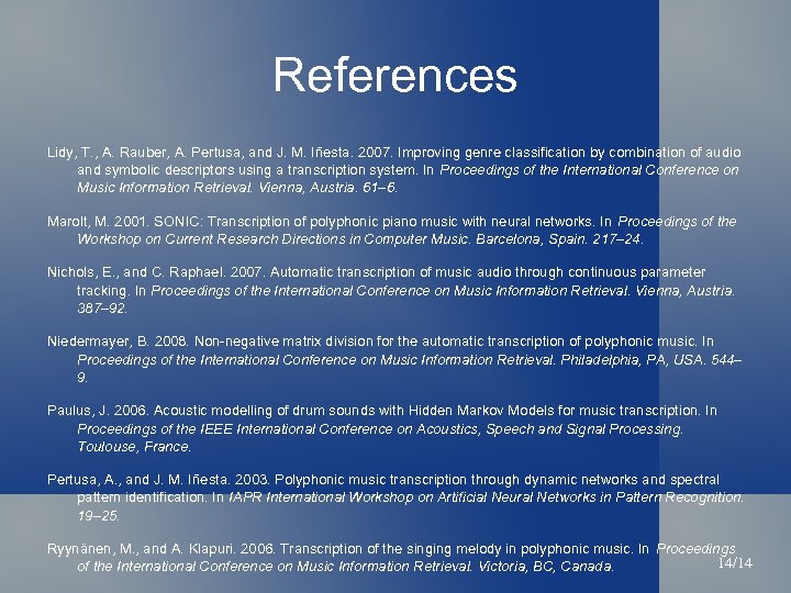 References Lidy, T. , A. Rauber, A. Pertusa, and J. M. Iñesta. 2007. Improving