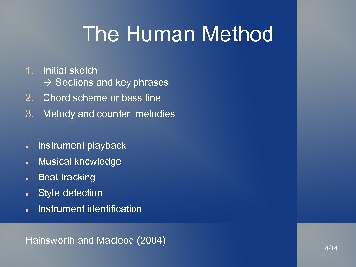 The Human Method 1. Initial sketch Sections and key phrases 2. Chord scheme or