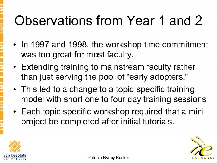 Observations from Year 1 and 2 • In 1997 and 1998, the workshop time