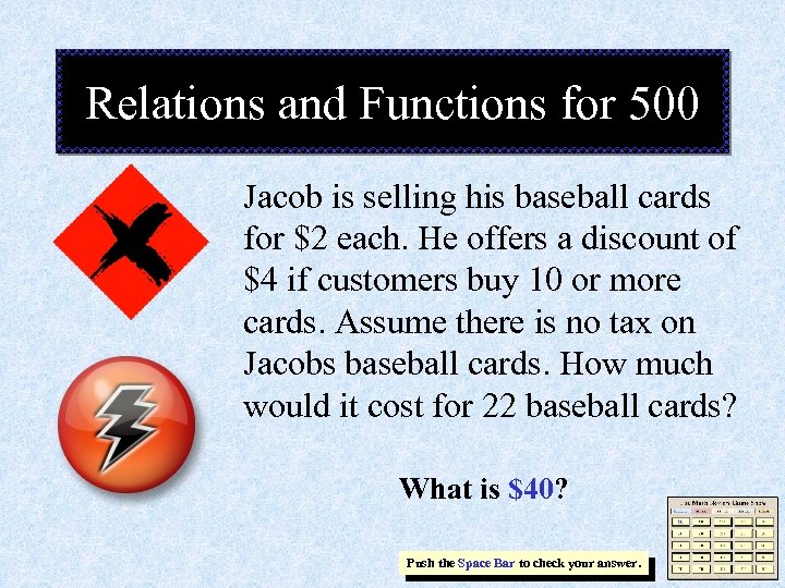 Relations and Functions for 500 Jacob is selling his baseball cards for $2 each.