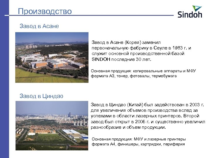 Производство Завод в Асане (Корея) заменил первоначальную фабрику в Сеуле в 1983 г. и