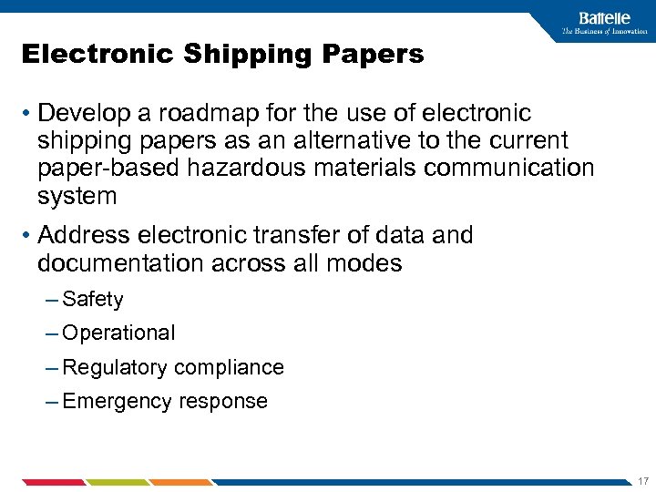 Electronic Shipping Papers • Develop a roadmap for the use of electronic shipping papers