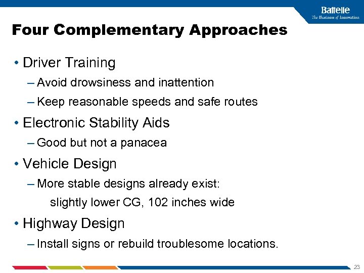 Four Complementary Approaches • Driver Training – Avoid drowsiness and inattention – Keep reasonable