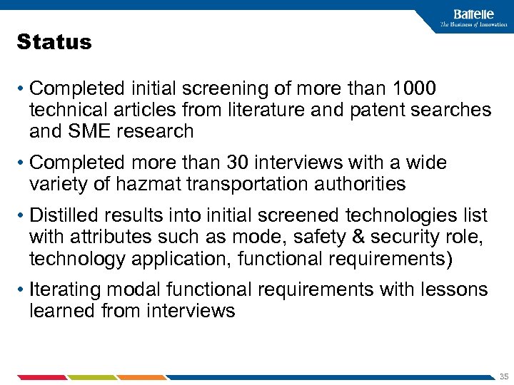 Status • Completed initial screening of more than 1000 technical articles from literature and