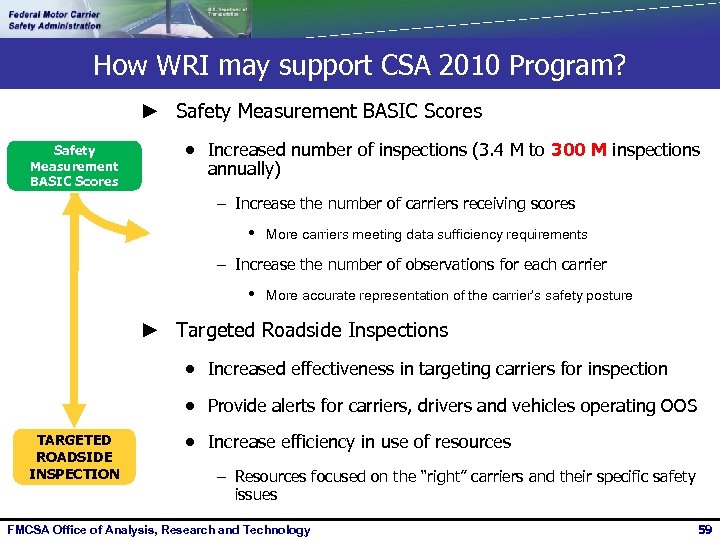 How WRI may support CSA 2010 Program? ► Safety Measurement BASIC Scores · Increased