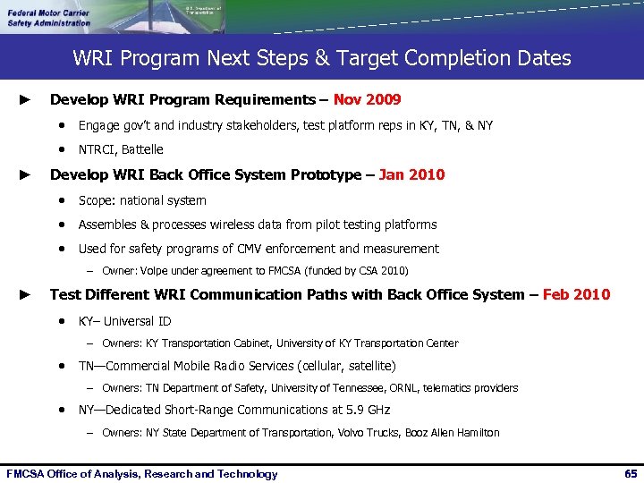 WRI Program Next Steps & Target Completion Dates ► Develop WRI Program Requirements –