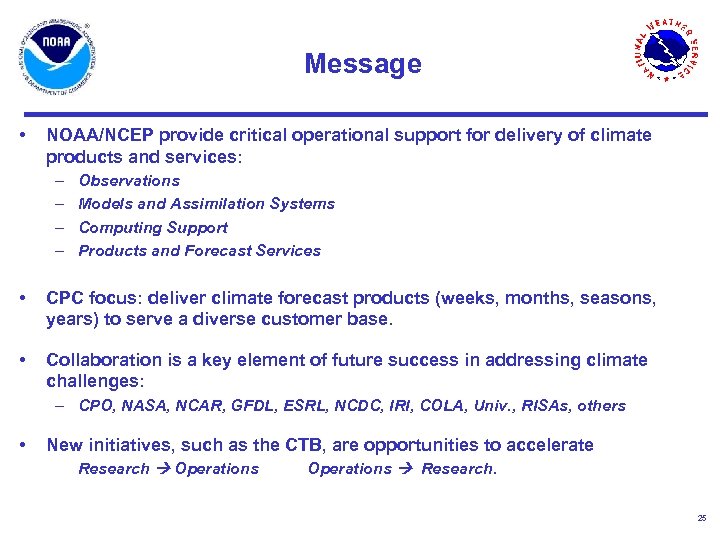 Message • NOAA/NCEP provide critical operational support for delivery of climate products and services: