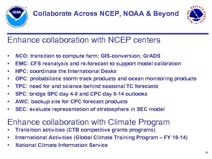 Collaborate Across NCEP, NOAA & Beyond Enhance collaboration with NCEP centers • • NCO: