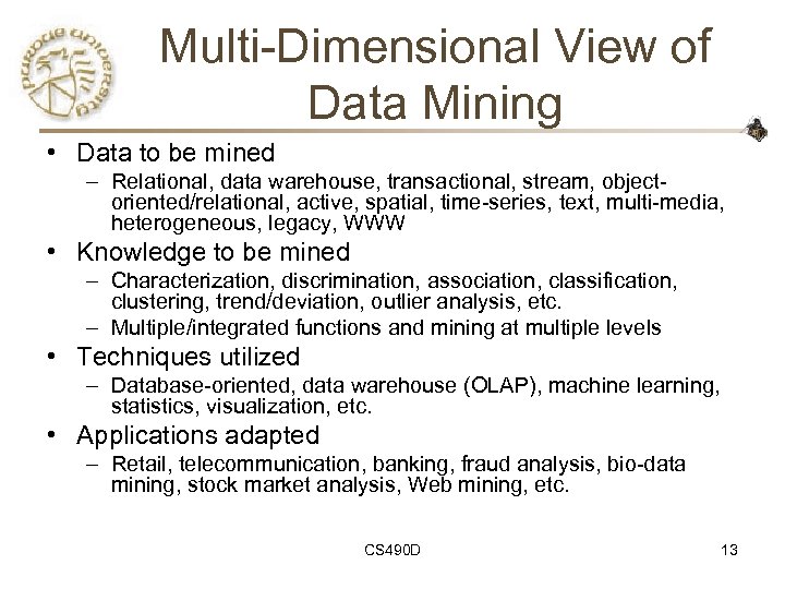 Multi-Dimensional View of Data Mining • Data to be mined – Relational, data warehouse,