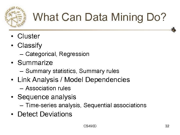 What Can Data Mining Do? • Cluster • Classify – Categorical, Regression • Summarize