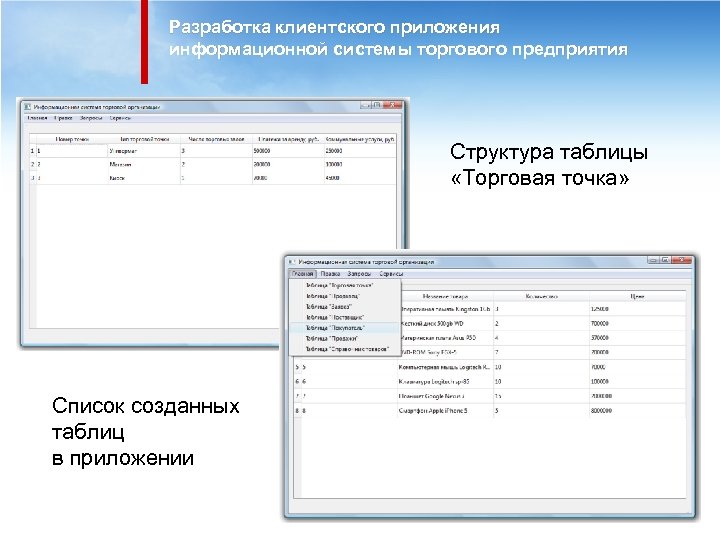 Разработка клиентского приложения информационной системы торгового предприятия Структура таблицы «Торговая точка» Список созданных таблиц