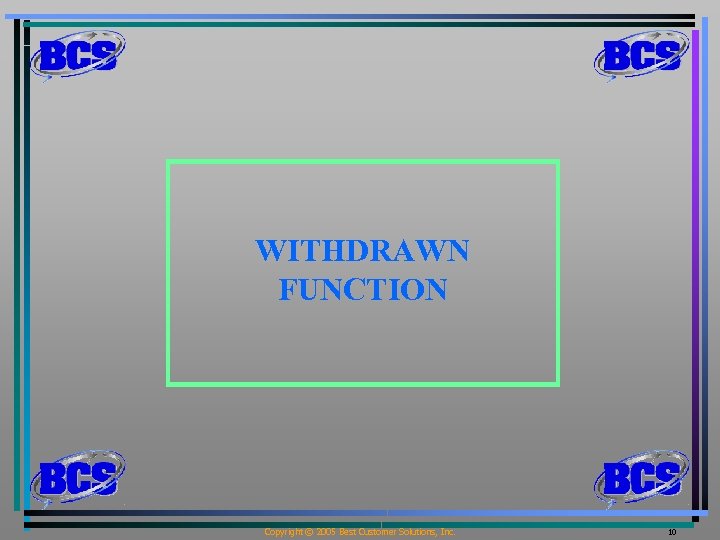 WITHDRAWN FUNCTION Copyright © 2005 Best Customer Solutions, Inc. 10 