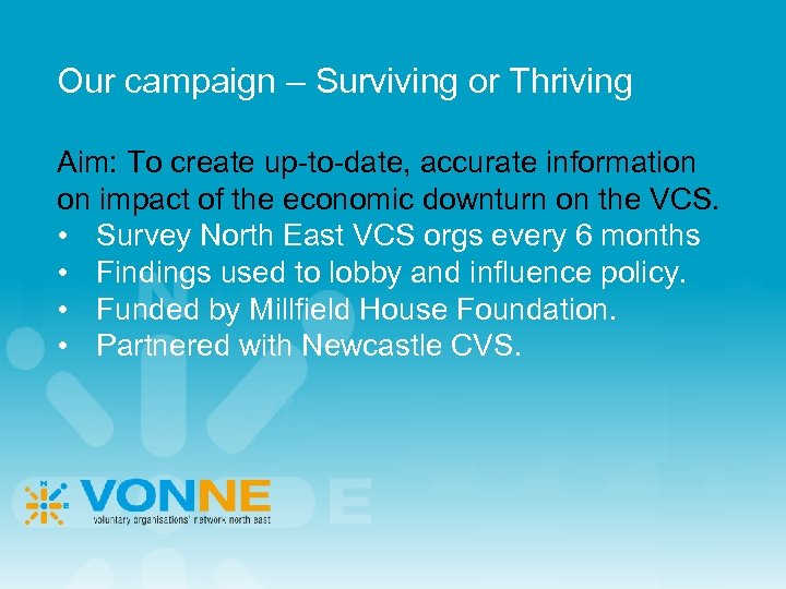 Our campaign – Surviving or Thriving Aim: To create up-to-date, accurate information on impact