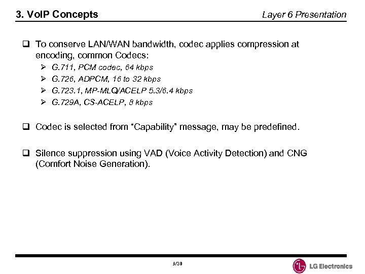 3. Vo. IP Concepts Layer 6 Presentation q To conserve LAN/WAN bandwidth, codec applies