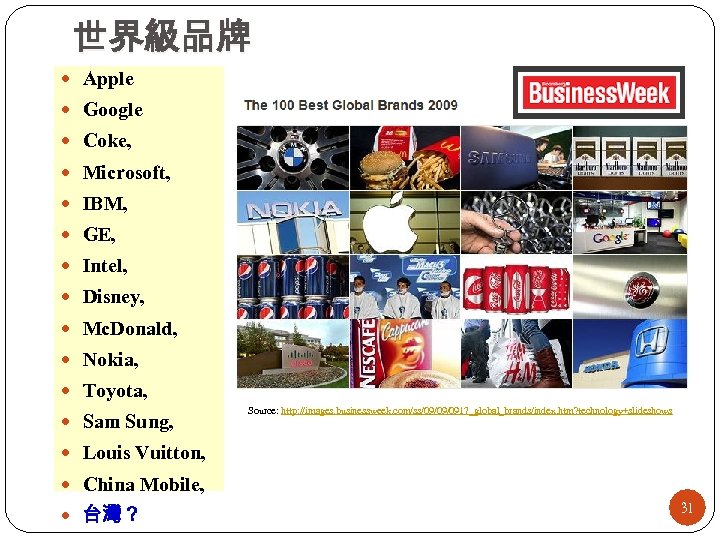 世界級品牌 Apple Google Coke, Microsoft, IBM, GE, Intel, Disney, Mc. Donald, Nokia, Toyota, Sam