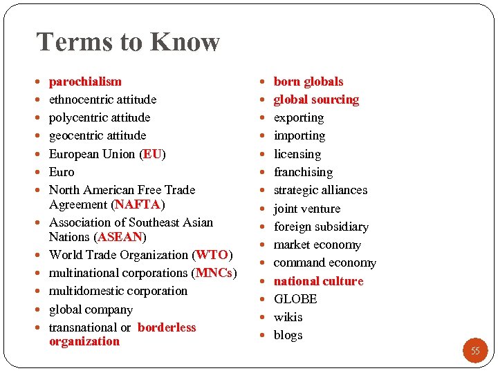 Terms to Know parochialism born globals ethnocentric attitude global sourcing polycentric attitude exporting geocentric