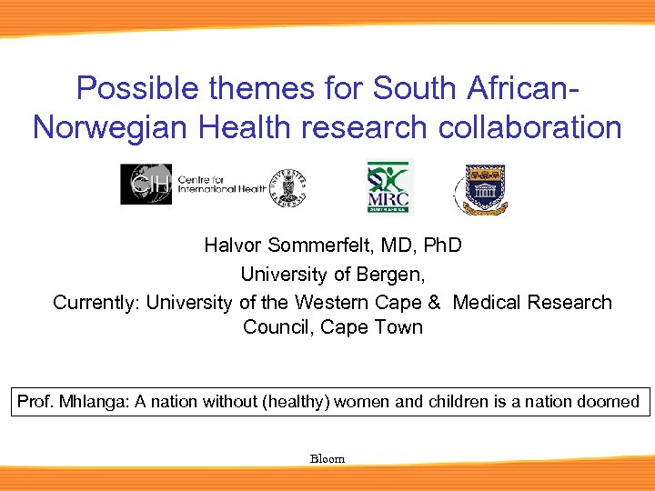Possible themes for South African. Norwegian Health research collaboration Halvor Sommerfelt, MD, Ph. D