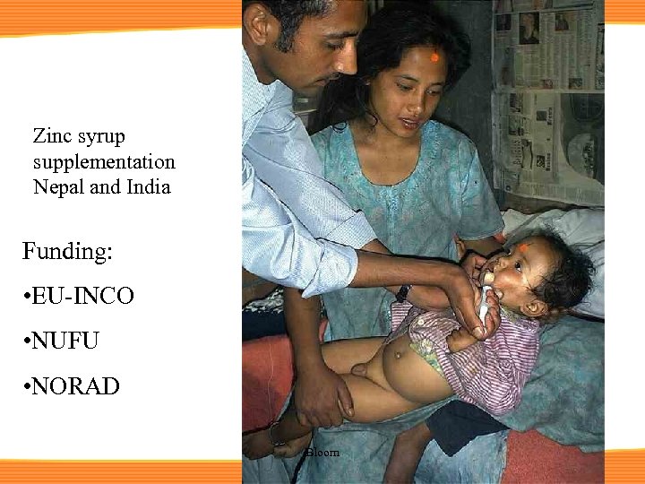 Zinc syrup supplementation Nepal and India Funding: • EU-INCO • NUFU • NORAD Bloom