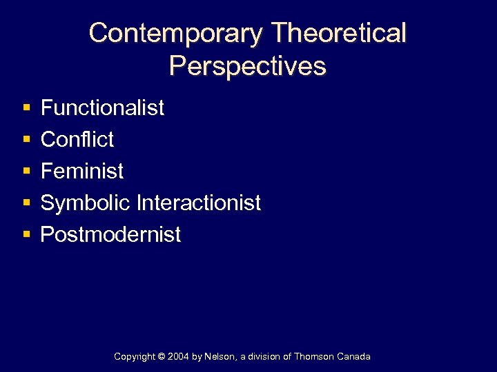 Contemporary Theoretical Perspectives § § § Functionalist Conflict Feminist Symbolic Interactionist Postmodernist Copyright ©