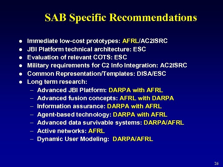 SAB Specific Recommendations l l l Immediate low-cost prototypes: AFRL/AC 2 ISRC JBI Platform