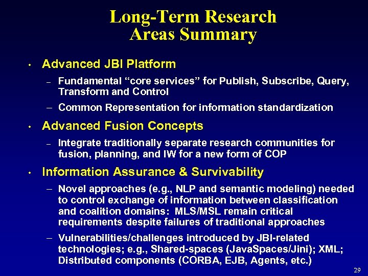 Long-Term Research Areas Summary • Advanced JBI Platform – Fundamental “core services” for Publish,