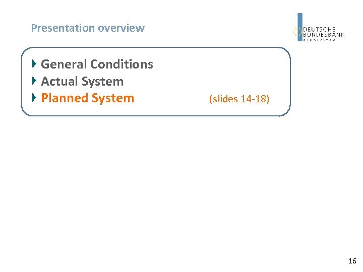 Presentation overview General Conditions Actual System Planned System (slides 14 -18) 16 