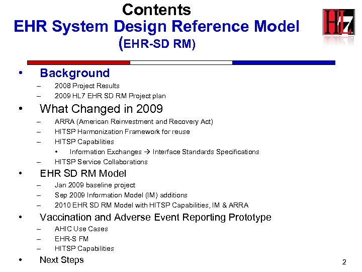 Contents EHR System Design Reference Model (EHR-SD RM) • Background – – • What