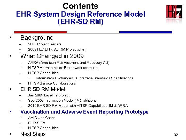 Contents EHR System Design Reference Model (EHR-SD RM) • Background – – • What