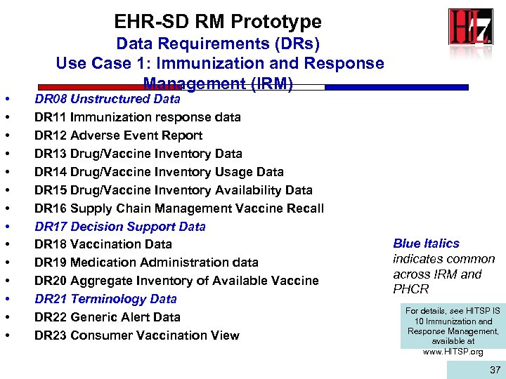 EHR-SD RM Prototype • • • • Data Requirements (DRs) Use Case 1: Immunization