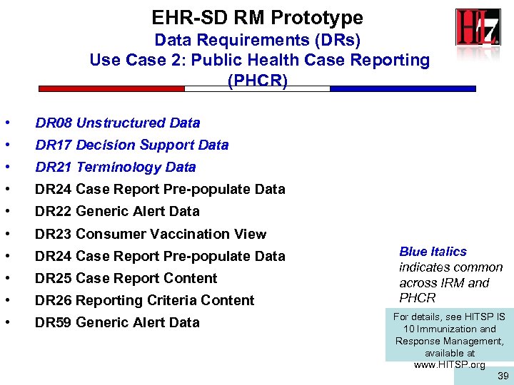 EHR-SD RM Prototype Data Requirements (DRs) Use Case 2: Public Health Case Reporting (PHCR)