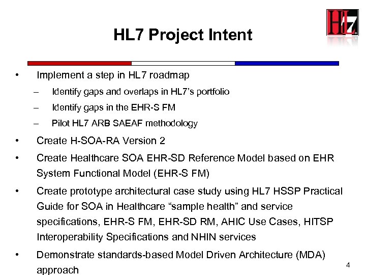 HL 7 Project Intent • Implement a step in HL 7 roadmap – Identify