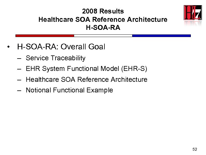 2008 Results Healthcare SOA Reference Architecture H-SOA-RA • H-SOA-RA: Overall Goal – Service Traceability