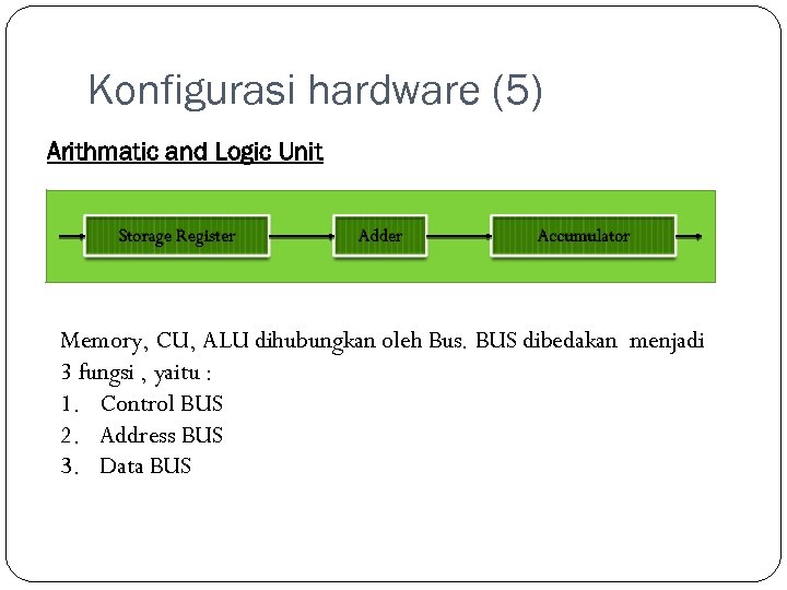 Konfigurasi hardware (5) Arithmatic and Logic Unit Storage Register Adder Accumulator Memory, CU, ALU