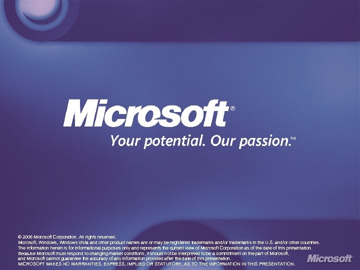 © 2006 Microsoft Corporation. All rights reserved. Microsoft, Windows Vista and other product names