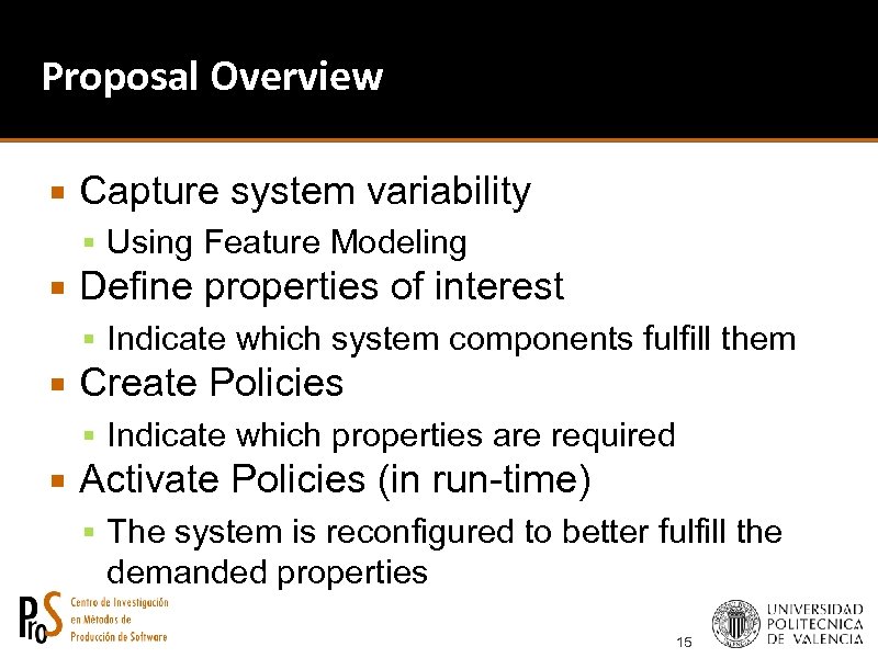 Proposal Overview Capture system variability Using Feature Modeling Define properties of interest Indicate which