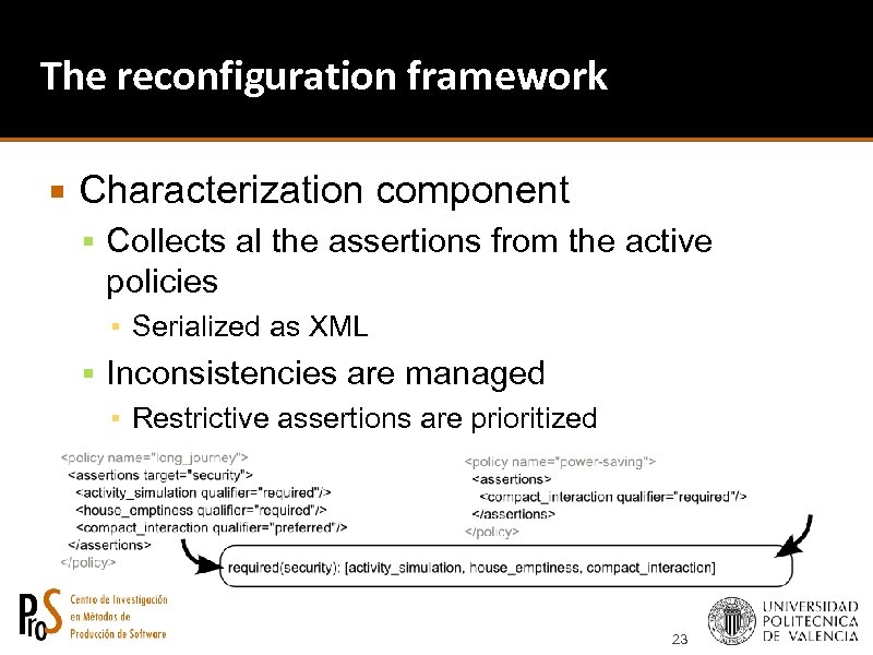 The reconfiguration framework Characterization component Collects al the assertions from the active policies ▪