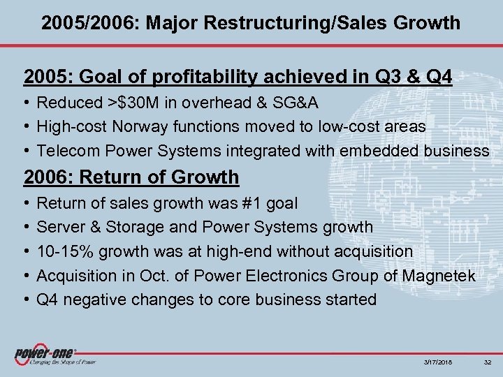 2005/2006: Major Restructuring/Sales Growth 2005: Goal of profitability achieved in Q 3 & Q