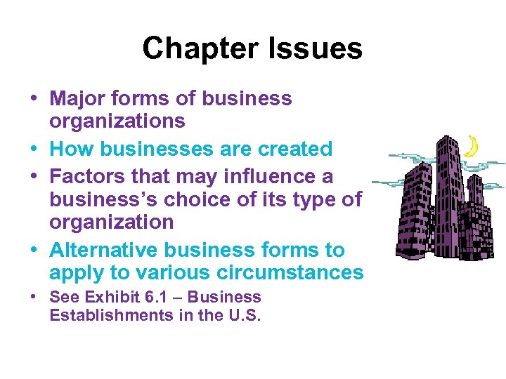 Chapter Issues • Major forms of business organizations • How businesses are created •