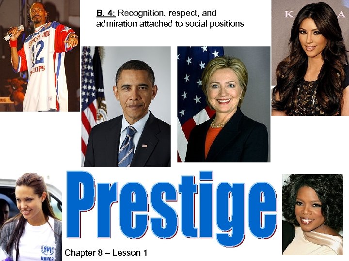 B, 4: Recognition, respect, and admiration attached to social positions Chapter 8 – Lesson