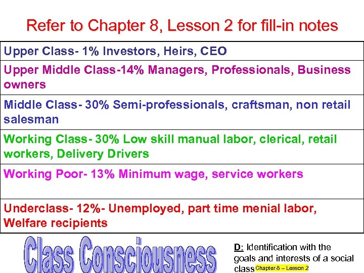 Refer to Chapter 8, Lesson 2 for fill-in notes Upper Class- 1% Investors, Heirs,