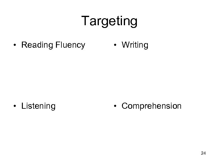 Targeting • Reading Fluency • Writing • Listening • Comprehension 24 