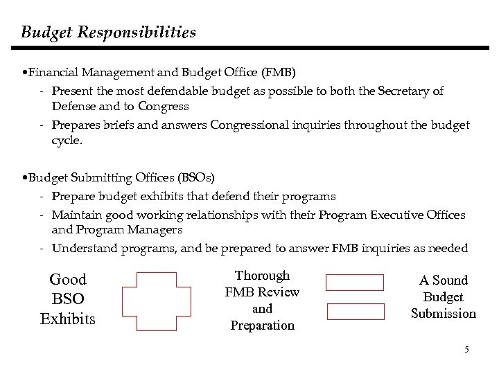 Budget Responsibilities • Financial Management and Budget Office (FMB) - Present the most defendable