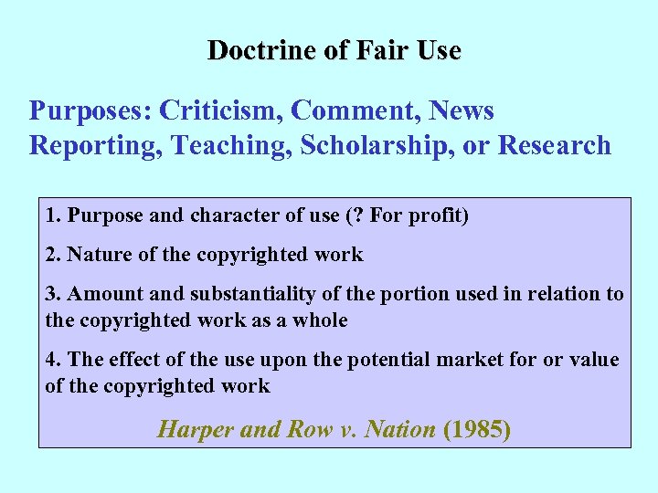Doctrine of Fair Use Purposes: Criticism, Comment, News Reporting, Teaching, Scholarship, or Research 1.