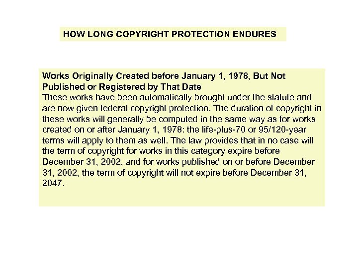 HOW LONG COPYRIGHT PROTECTION ENDURES Works Originally Created before January 1, 1978, But Not