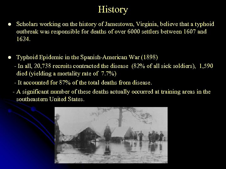 History l Scholars working on the history of Jamestown, Virginia, believe that a typhoid