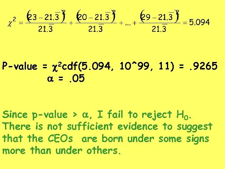 P-value = c 2 cdf(5. 094, 10^99, 11) =. 9265 a =. 05 Since