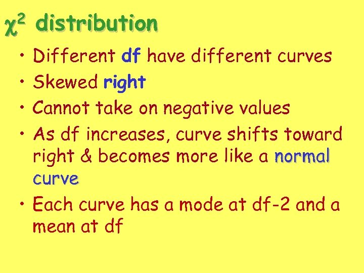 2 c • • distribution Different df have different curves Skewed right Cannot take